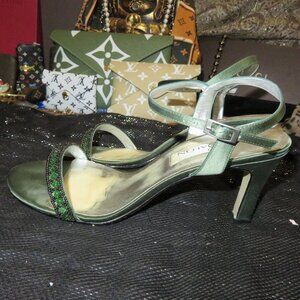 BOGO Salon Shoes Green rhinestone embellished ankle strap patina silk heels 8.5